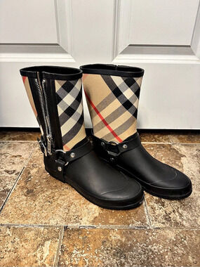 Burberry Plaid Canvas and Rubber Rain Boots